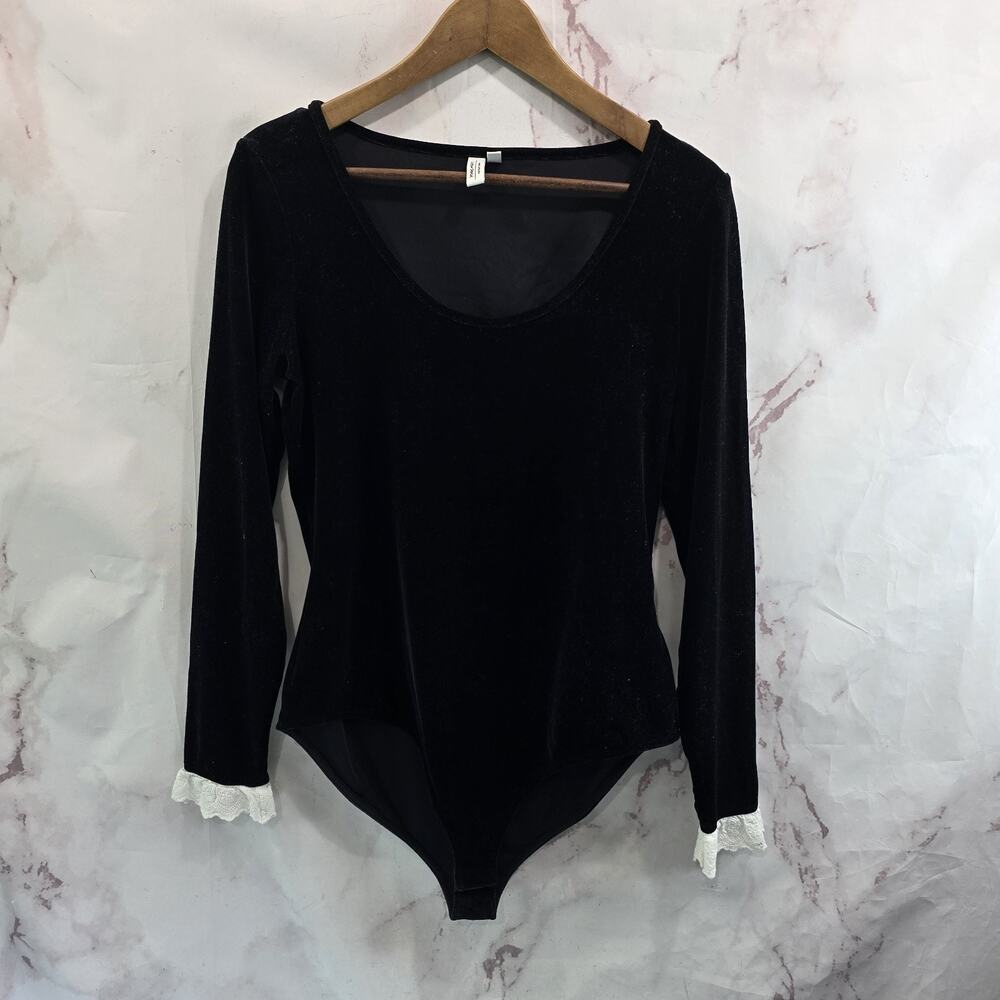 & Other Stories Bodysuit Womens Medium 8 10 Black White Velvet Lace Shirt
